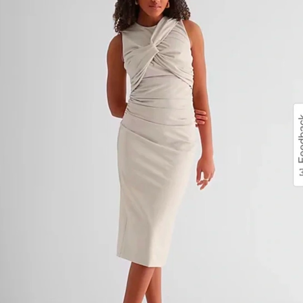EXPRESS BODY CONTOUR FAUX LEATHER TWIST FRONT MIDI DRESS WITH BUILT-IN SHAPEWEAR